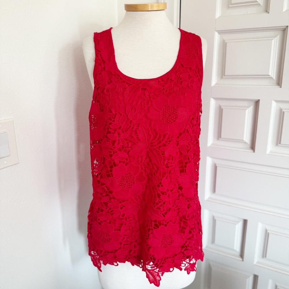 Cupio Vibrant Red Floral Lace Tank Top Blouse
